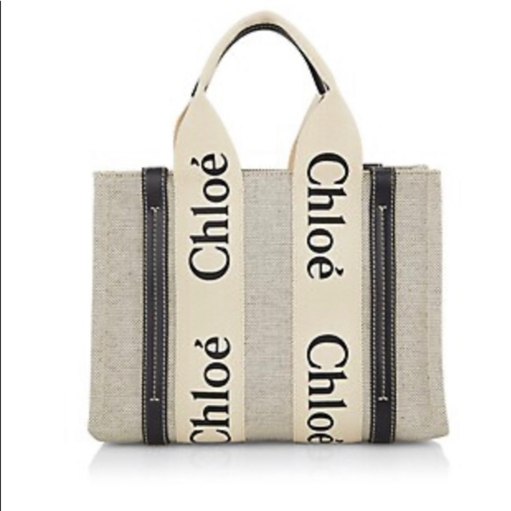 Chloe Cotton Canvas Linen Small Woody Ribbon Tote Bag COA Authenticated Leather